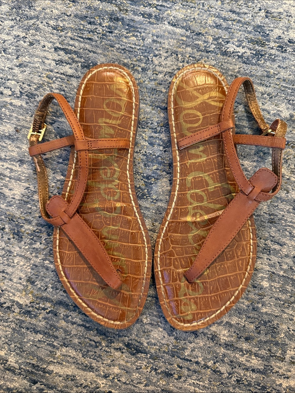 Sam Edelman Tan Croc-Print T-Strap Sandals